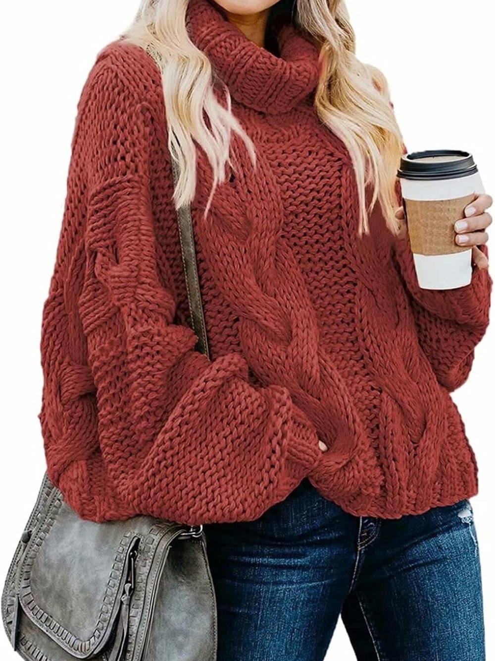 Rust Red Cable Knit Turtleneck Sweater